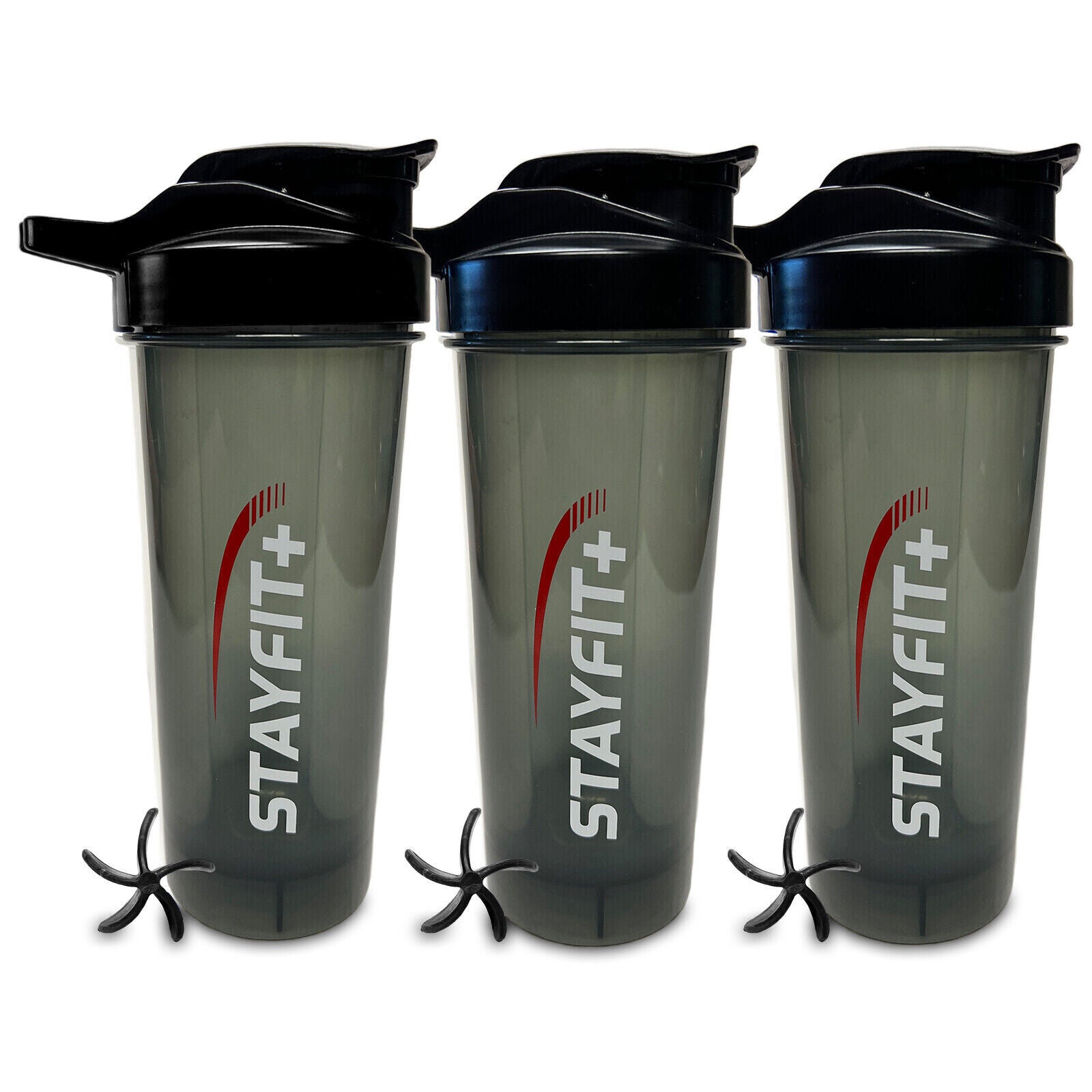 3 black protein shaker bottles that say stayfit on the front with 3 propeller shaped mixers on the side