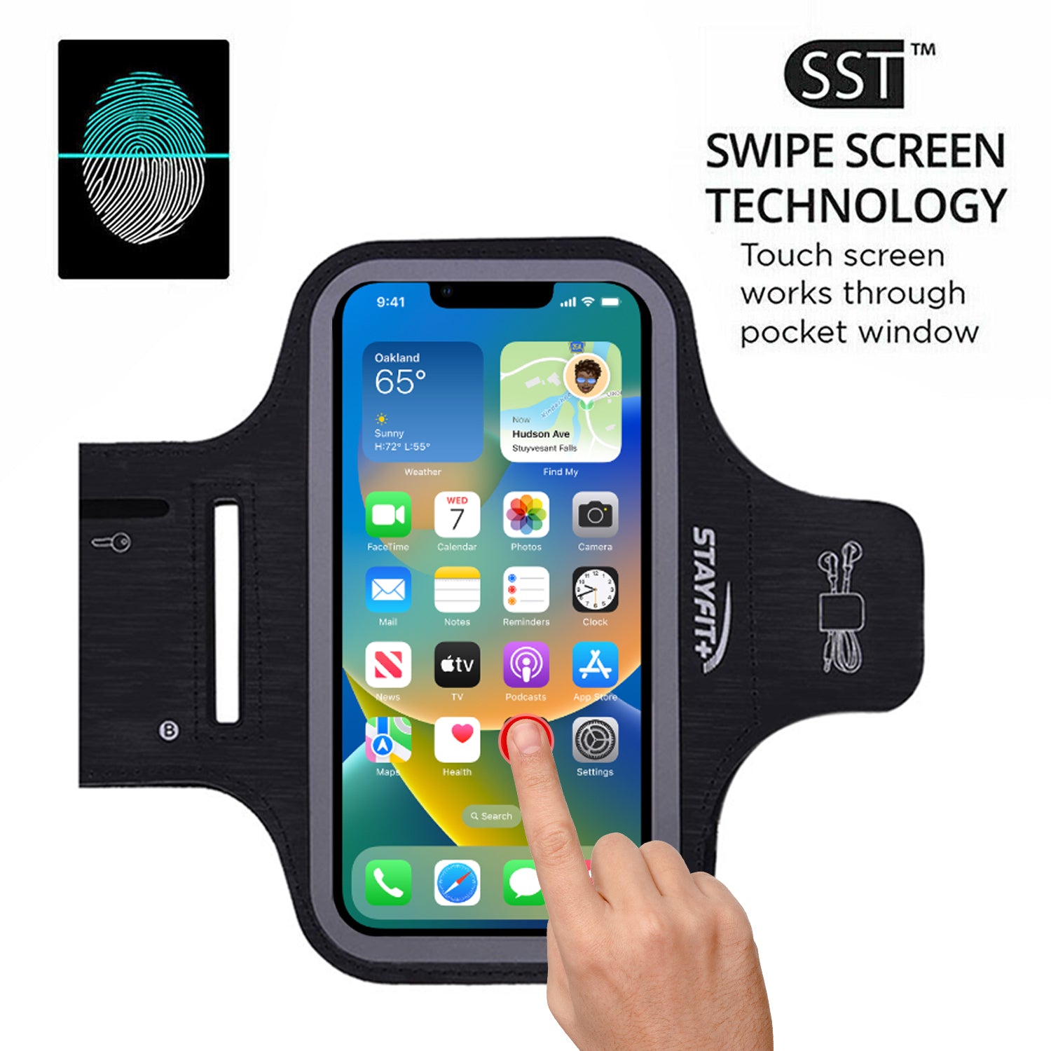Fitness armband with a finger touching the screen with text stating swipe screen technology