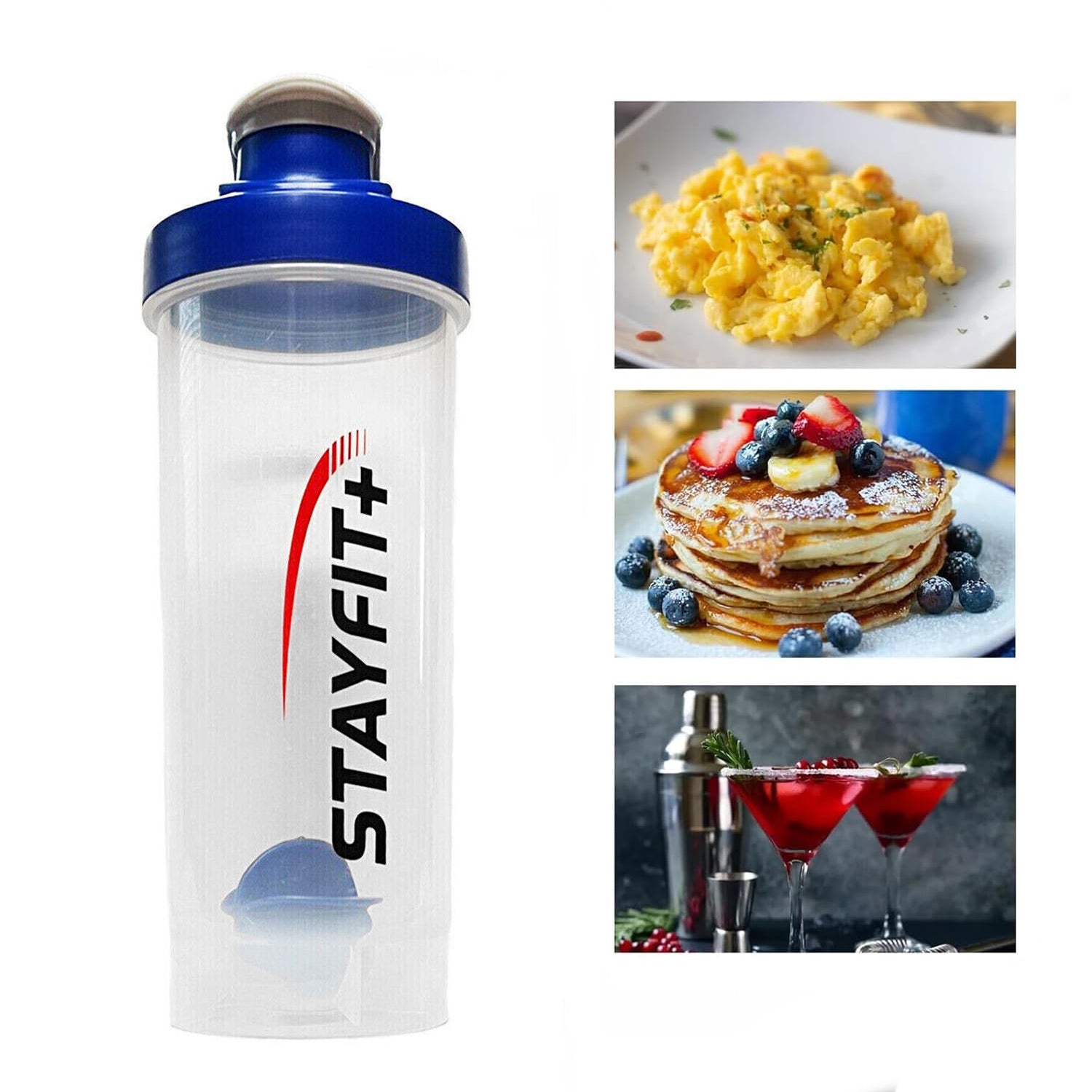 Shaker bottle next to pictures of scrambled eggs, pancakes, and cocktails