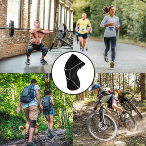 Zippered knee brace with four pictures related to its uses (Weightlifting, running, hiking, and biking)