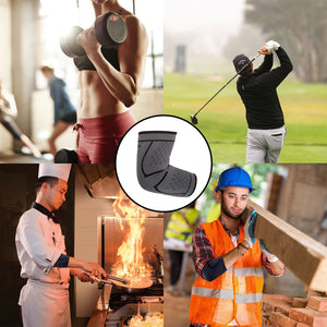 Woven elbow brace with four pictures related to its uses (Weightlifting, golfing, cooking, and construction)