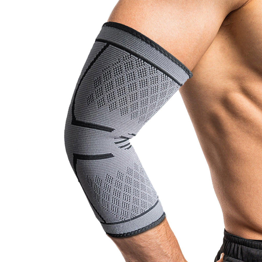 Guy with no shirt on wearing a woven elbow brace