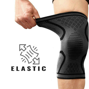Woven knee brace stretched out with text on the side stating "elastic"