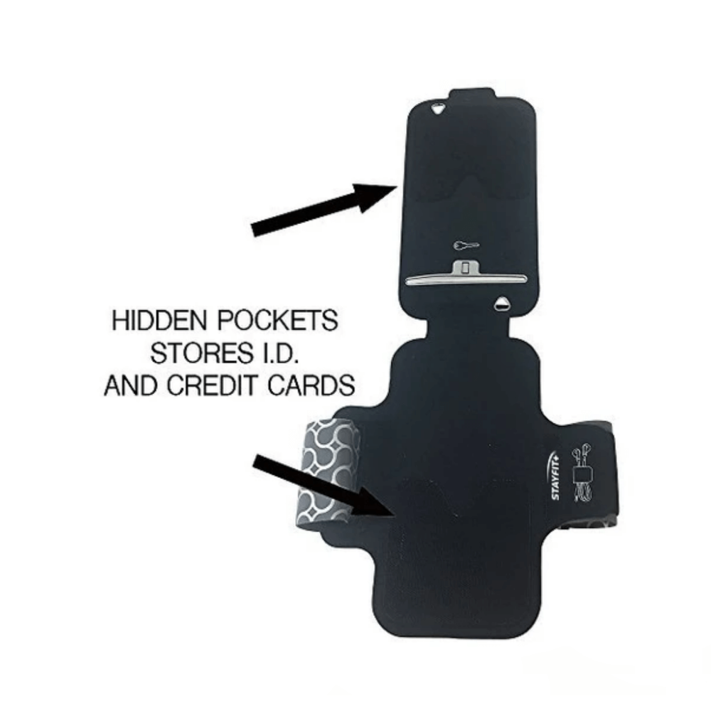 Black armband phone case with a flap flipped up with text that says "Hidden pockets stores I.D. and credit cards