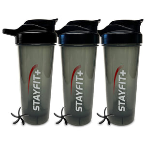 3 black protein shaker bottles that say stayfit on the front with 3 propeller shaped mixers on the side