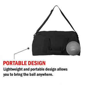 Grey massage ball next to a gym bag with a description about portability