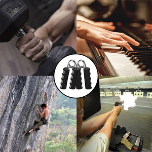 Hand grips in the middle and four pictures of various activites (Weightlifting, piano, rock climbing, shooting range)