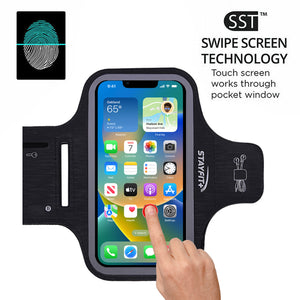 Fitness armband with a finger touching the screen with text stating swipe screen technology