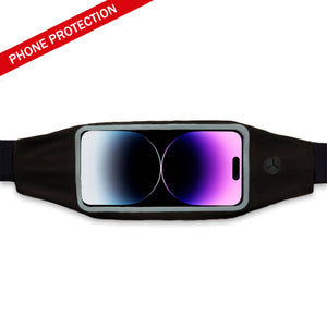 Black waist pack holding an iphone with a red banner in the corner that says "Phone protection"