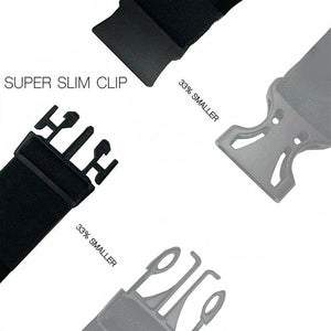 Picture os a slim clip and buckle next to a standard sized clip and buckle