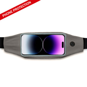 Grey waist pack holding an iphone with a red banner in the corner that says "Phone protection"