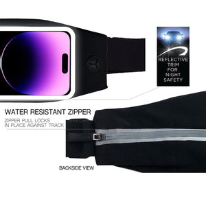 Picture of the front and back of a fitness waist pack with reflective trim