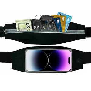 Picture of money, credit cars, and car keys in a fitness waist pack