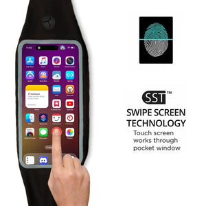 Picture of a phone being used in a fitness waist pack indicating it can be used through the screen