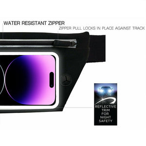 Waist pack with points talking about its reflective trim and zipper