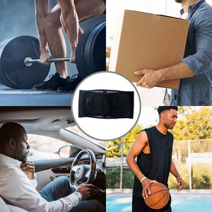 Back brace and images indicating where it can be used (Weightlifting, Work, Driving, and Basketball)