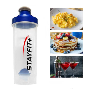 Shaker bottle next to pictures of scrambled eggs, pancakes, and cocktails