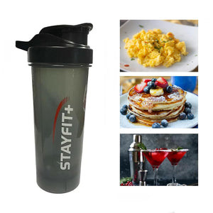 Shaker bottle next to images of eggs, pancakes, and cocktails