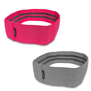 Two fabric resistance bands. One pink and one grey