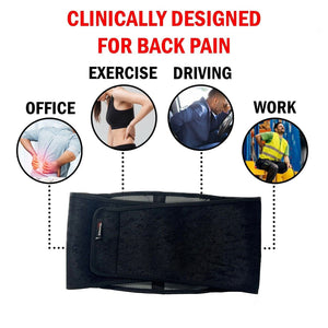 Back brace surrounded by photos of how it can be used in the office, exercise, driving, and work