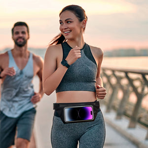 Female athlete on a run with a fitness waist pack on