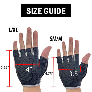 Size guide for a pair of large and small fitness gloves