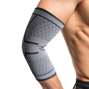 Guy with no shirt on wearing a woven elbow brace