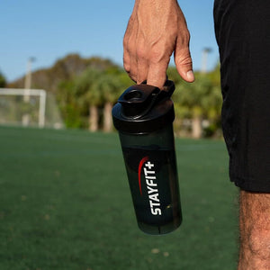 Picture of a black protein shaker bottle