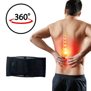 Male athlete with back pain with a 360 degree icon indicating protection all around