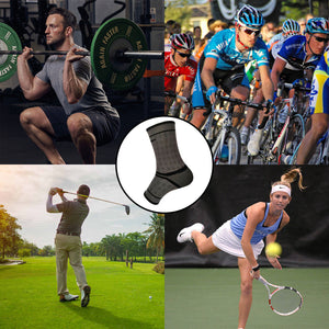 Woven ankle brace with four pictures related to its uses (Weightlifting, biking, golfing, and tennis)