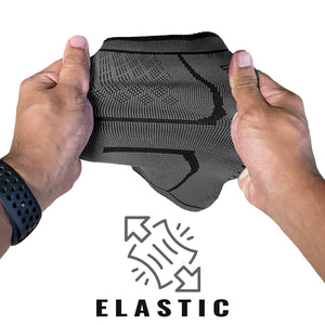 Elbow brace being stretched with text at the bottom that states "elastic"