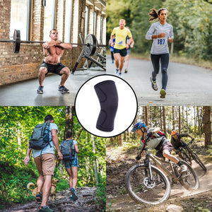 Woven knee brace with four pictures related to its uses (Weightlifting, running, hiking, and biking)