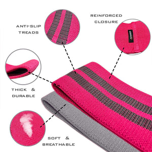 Two fabric resistance bands with descriptive points about their features
