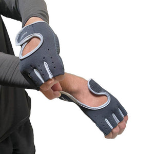 Someone pulling a velcro strap on a fitness glove they are wearing