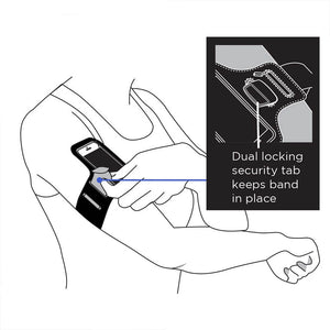 Artwork of a person putting on a phone armband with text that says "Dual locking security tab keeps band in place"