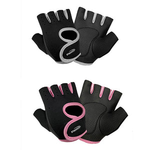 Two pairs of fitness gloves (one grey pair and one pink pair)