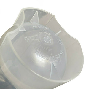 Round bottom of a clear protein shaker bottle