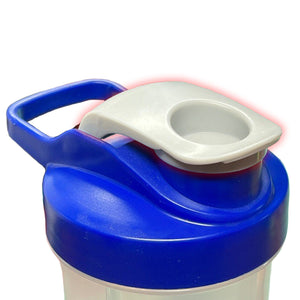Close up of a blue shaker bottle cap with a red glow around the sip cover
