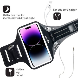 Phone armband with detailed descriptions of its features