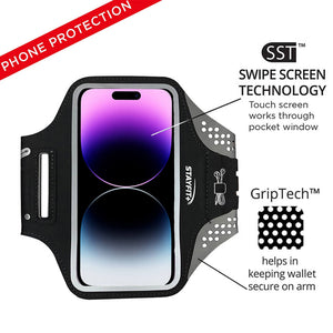 iPhone in a protective black armband case with descriptive points showing features