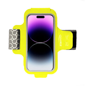 Neon green phone armband case holding an iphone 14