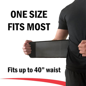 Person putting on a back brace with text on the side that says "One size fits most" and "Fits up to 40 inch waist"