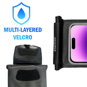 Velcro closure on the back of a phone pouch with text above that says "Multi-Layered Velcro" with a water icon to indicate waterproof features