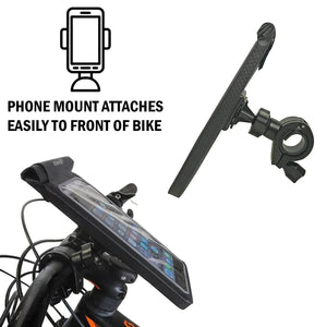 Phone mount on the back of a phone pouch for bicycles with text that says "Phone mount attaches easily to front of bike"