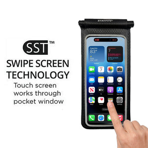 Finger touching the screen of a phone pouch with a phone in it with text that says "Swipe screen technology. Touch screen works through pocket window