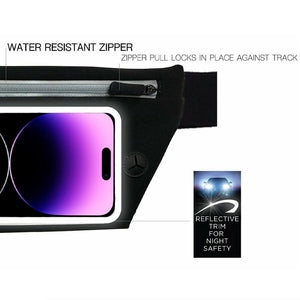 Black waist pack holding an iphone showing a water resistant zipper and reflective trim