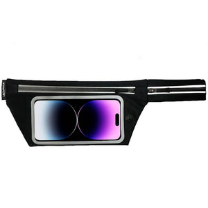 Black waist pack with a zippered pocket on the top and a zippered pocket on the waist strap holding an iphone