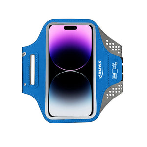 iPhone in a protective armband case for fitness. (Blue)