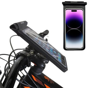 Phone pouch for bicycles with an iphone 14 along with the pouch on a bicycle