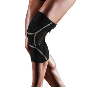 Knee brace with a zipper being worn around someone's leg